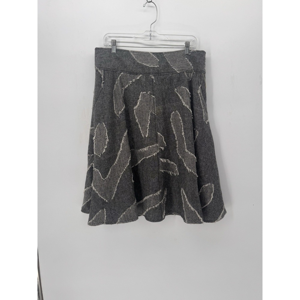 Madison Gray Tweed Flannel Skirt Fringe Leaf Applique A-Line Size 10 Wool Blend